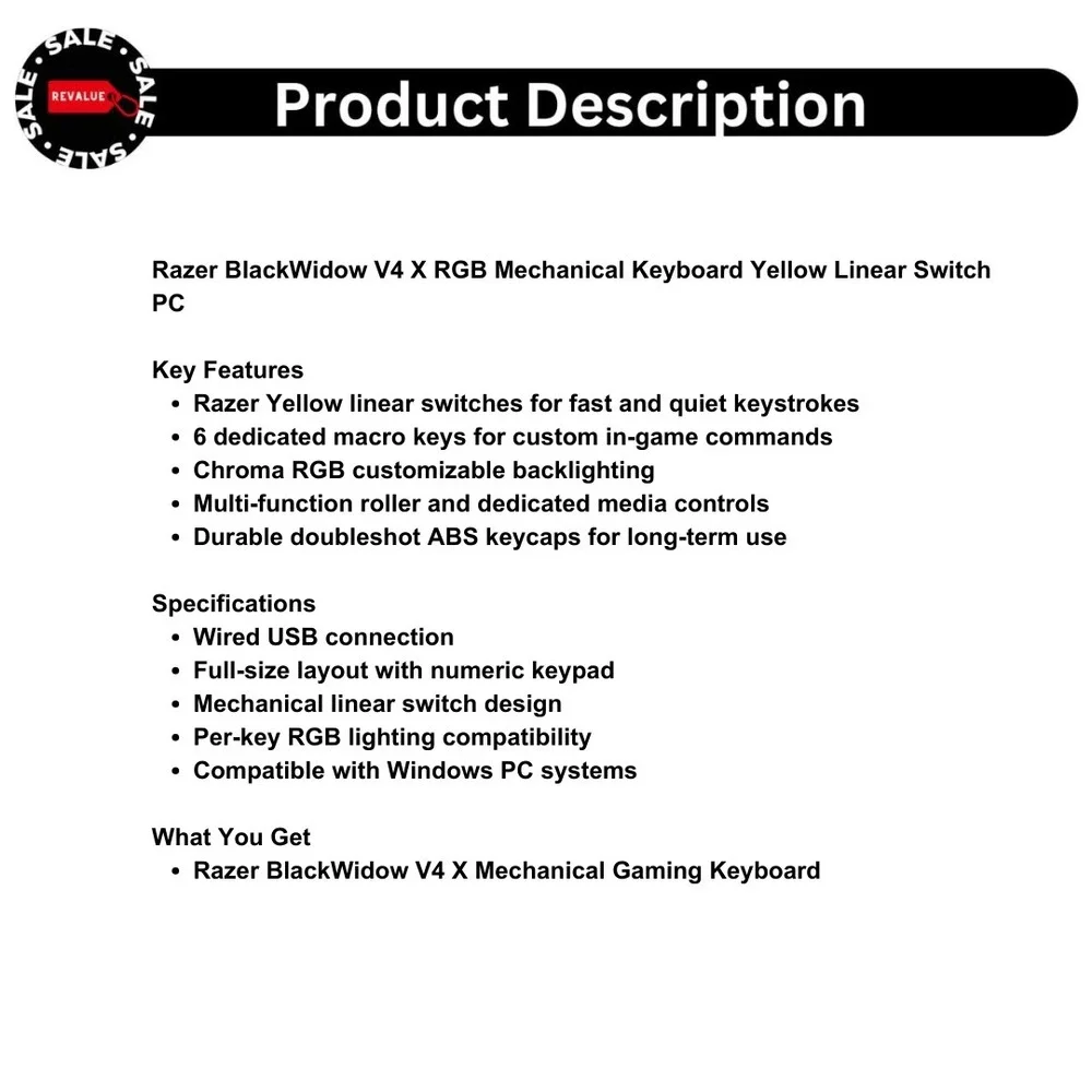 Razer BlackWidow‎ V4 X RGB Mechanical Keyboard Yellow Linear Switch PC